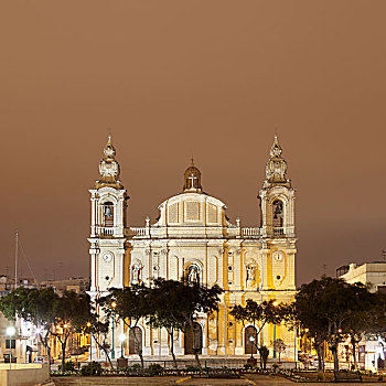 教区教堂,光亮,夜晚,马耳他