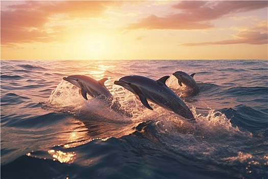黄昏大海印度洋出海口白边海豚出没跃出水面