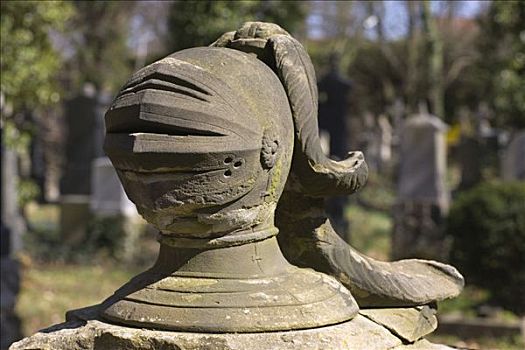 雕塑,头盔,老,墓地,南,慕尼黑,巴伐利亚,德国