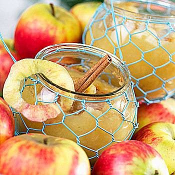 蜜饯苹果,肉桂棒,罐头瓶