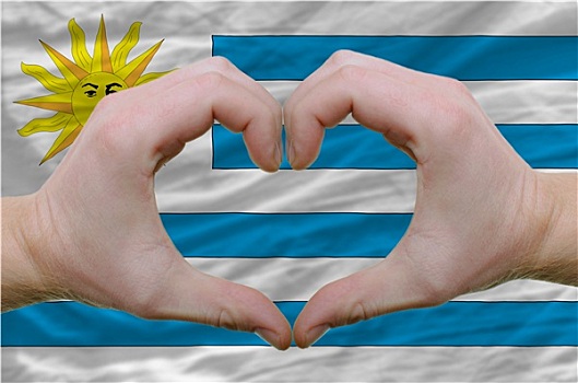 心形,喜爱,手势,展示,上方,旗帜,乌拉圭,背影