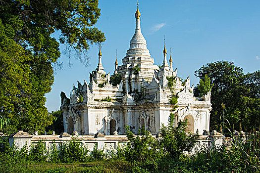 缅甸,曼德勒,白色,庙宇,围绕,绿色植物