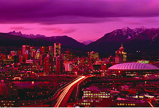 城市天际线,黄昏,温哥华,不列颠哥伦比亚省,加拿大