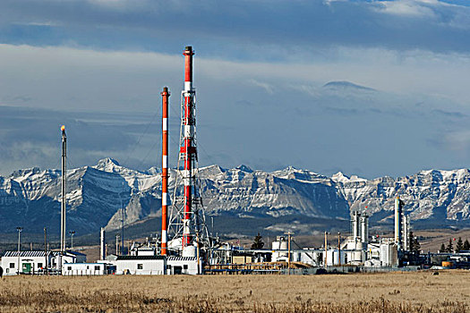 汽油,工厂,山,背景,艾伯塔省,加拿大