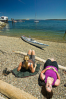 放松,海滩,划船,靠近,两个,漂流者,发现,慰籍,太阳,景色,南方,温哥华岛,不列颠哥伦比亚省,加拿大