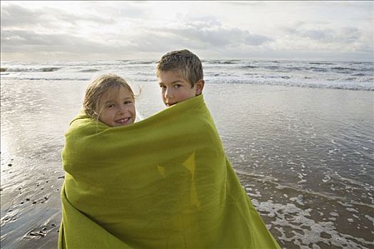 孩子,毯子,海洋
