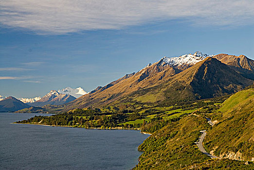 道路,弯曲,岸边,瓦卡蒂普湖,南阿尔卑斯山,背影,南岛,新西兰