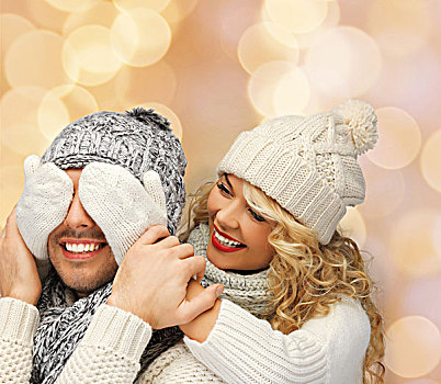 冬天,休假,圣诞节,人,概念,微笑,情侣,毛衣,圣诞老人,帽子,上方,米色,背景