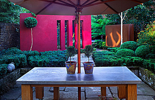 桌子,伞,现代,花园,球,形状,盒子,树篱