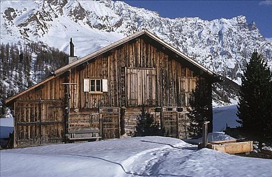 房子,小屋,冬天,顶峰,山,雪,格劳宾登州,瑞士,欧洲
