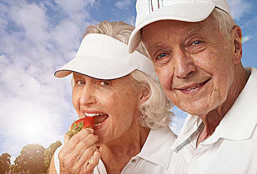 老人,网球,情侣,吃,草莓