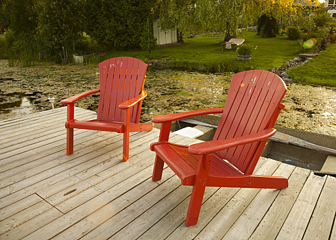 红色,宽木躺椅,两个,浮码头,湖