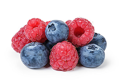 堆积,成熟,树莓,蓝莓,隔绝,白色背景,背景