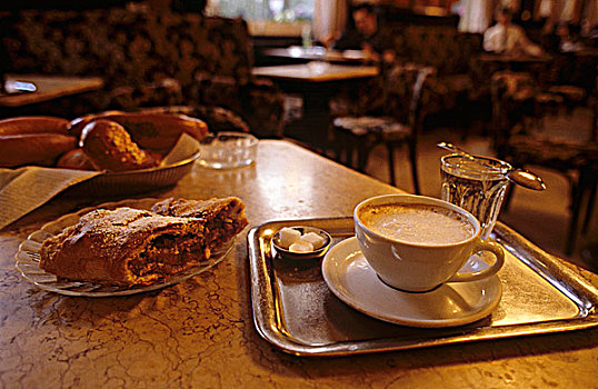苹果卷,咖啡,水,维也纳,咖啡馆