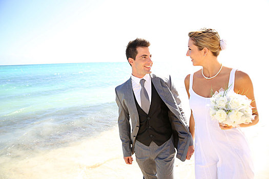 结婚,情侣,走,海滩