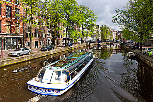 游船,老,运河,房子,反射,水,阿姆斯特丹,荷兰,欧洲