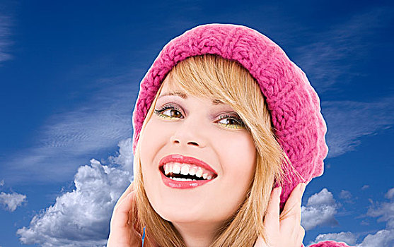 高兴,少女,帽子,上方,冬天,天空