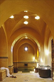摩洛哥,玛拉喀什,室内,土耳其浴,旅游,黄色,拱道