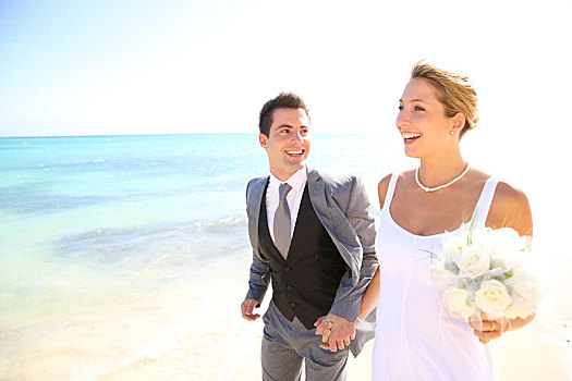 结婚,情侣,走,海滩