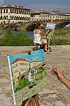 艺术,学生,绘画,阿尔诺河,佛罗伦萨,托斯卡纳,意大利