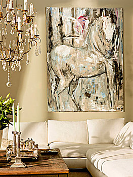 现代,绘画,马,高处,沙发,吊灯,水晶,装饰,左边,前景