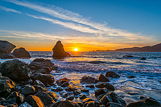 日落,海滩,岩石海岸,旧金山,美国,北美