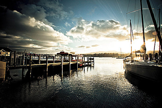 英格兰,坎布里亚,太阳,后面,游艇,码头,湖