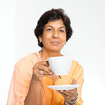 印度,成年,女人,喝咖啡