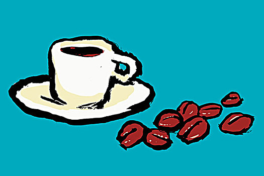 插画,咖啡杯,咖啡豆,蓝色背景