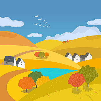 绿色,风景,室外,卡通,风格,农舍,乡野,弯路,草地,地点,乡村,社区,湖