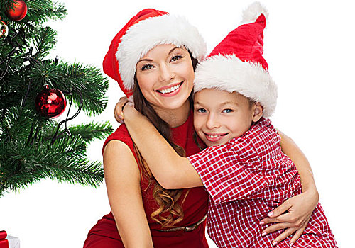 休假,礼物,圣诞节,圣诞,概念,高兴,母子,男孩,圣诞老人,帽子
