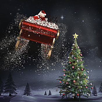 合成效果,图像,圣诞老人,飞,雪撬,树林,夜晚,圣诞树