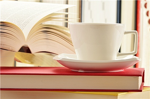 构图,一堆,书本,咖啡杯