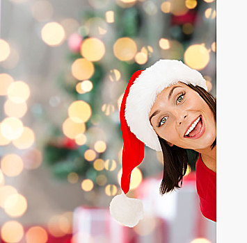 圣诞节,圣诞,人,广告,销售,概念,高兴,女人,圣诞老人,帽子,留白,白板,上方,树,背景