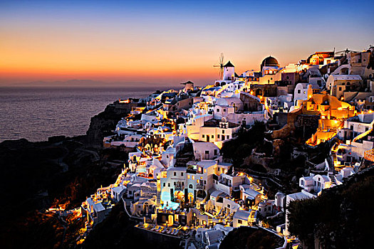 希腊,希腊群岛,爱琴海,基克拉迪群岛,圣托里尼岛,锡拉岛,风车,乡村,日落