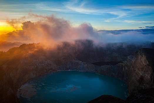 日出,火山,雾气,俯视,火山口,火山湖,国家公园,东方,印度尼西亚,亚洲