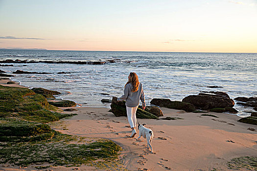 后视图,女人,遛狗,岩石,海滩,斗篷,特拉法尔加,西班牙