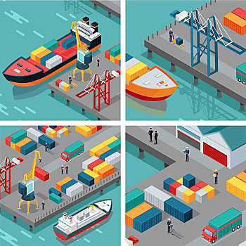 货物,港口,矢量,插画,凸起,船,钢铁,货箱,站立,泊位,起重机,工人,汽车,岸边,运输,递送,公司,广告,设计