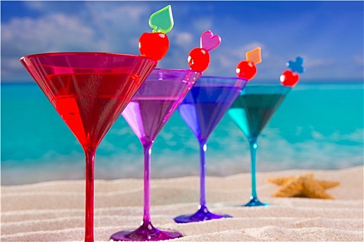 彩色,鸡尾酒,排列,樱桃,热带,沙滩