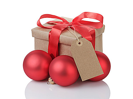 礼盒,红色,蝴蝶结,圣诞节,彩球,标签,隔绝,白色背景