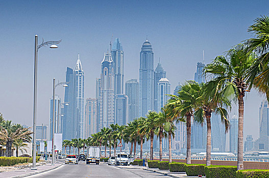 全景,现代,摩天大楼,迪拜,码头,手掌,岛屿,阿联酋