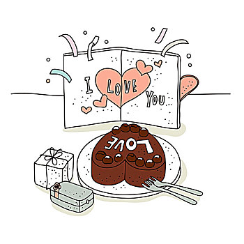 插画,巧克力蛋糕,礼盒