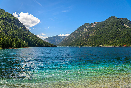 风景,东方,岸边,青绿色,水,高山湖,山景,提洛尔,阿尔卑斯山,奥地利,欧洲