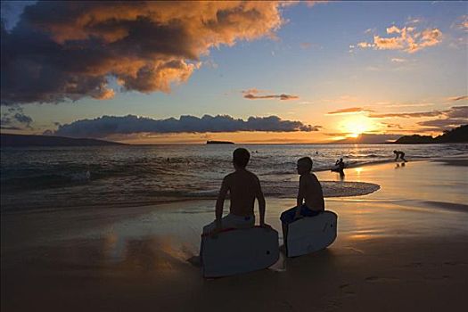 夏威夷,毛伊岛,两个,儿童,看,生动,日落
