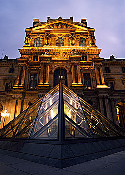 小,玻璃金字塔,户外,卢浮宫,黄昏