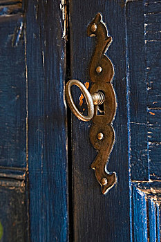 特写,钥匙,锁,蓝色背景,木门