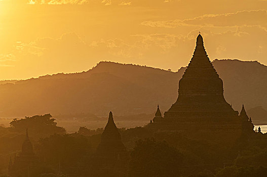 日落,上方,庙宇,蒲甘,曼德勒,缅甸
