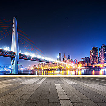 城市,天际线,靠近,桥,重庆,夜晚,空,地面