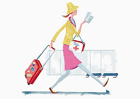 女人,跑,机场,手提箱,旅行,急救箱,插画