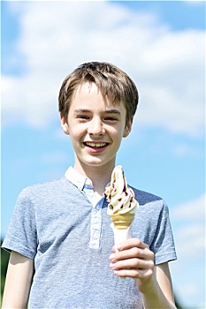 微笑,男孩,姿势,冰淇淋